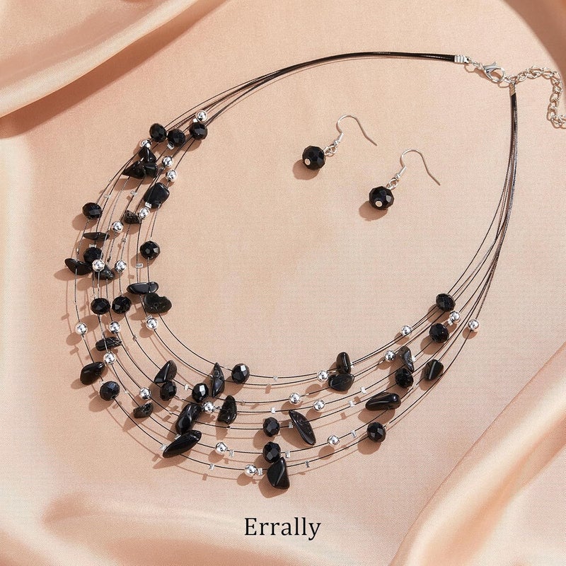 Errally Store Multi-Layer Boho Shell Beaded Necklace for Women Colorful Crystal Strand with Silver Beads Statement Collars Necklace and Earrings Costumes Jewelry Sets for Women - Image 2